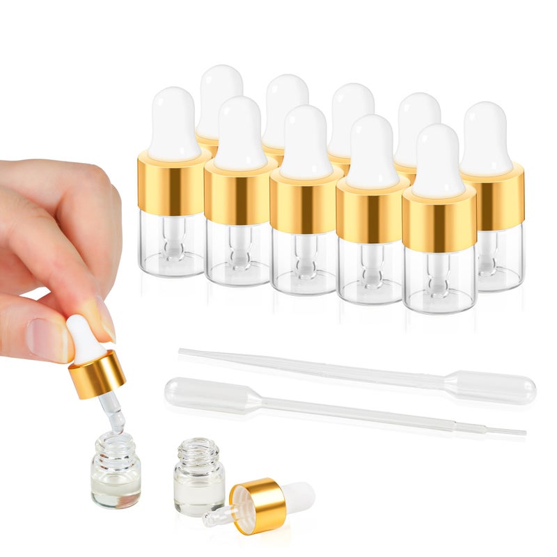 ETTSNU 10pcs Mini Glass Dropper Bottle for Essential Oil,1ml Small Clear Sample Dropper Vails with Gold Cap,Perfume Cosmetic Liquid Containers for Traveling - Image 1