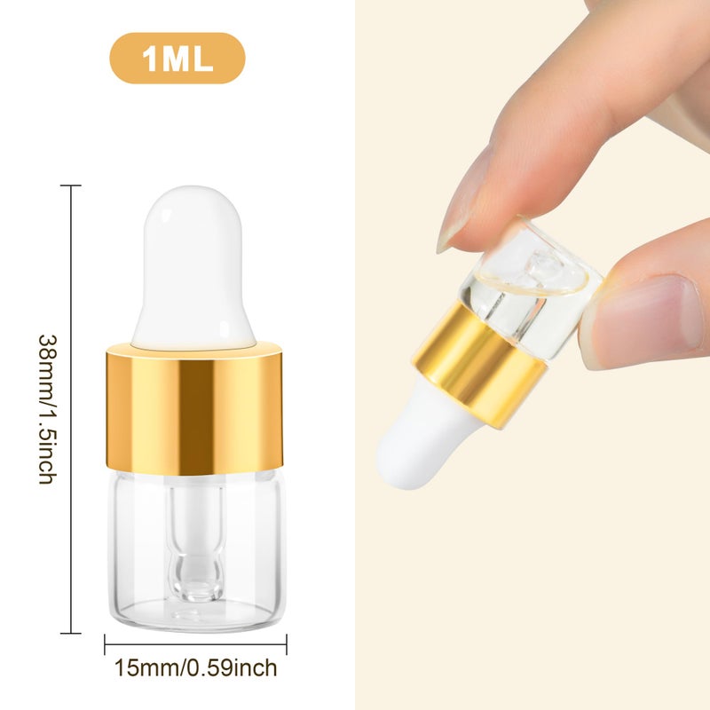 ETTSNU 10pcs Mini Glass Dropper Bottle for Essential Oil,1ml Small Clear Sample Dropper Vails with Gold Cap,Perfume Cosmetic Liquid Containers for Traveling - Image 2