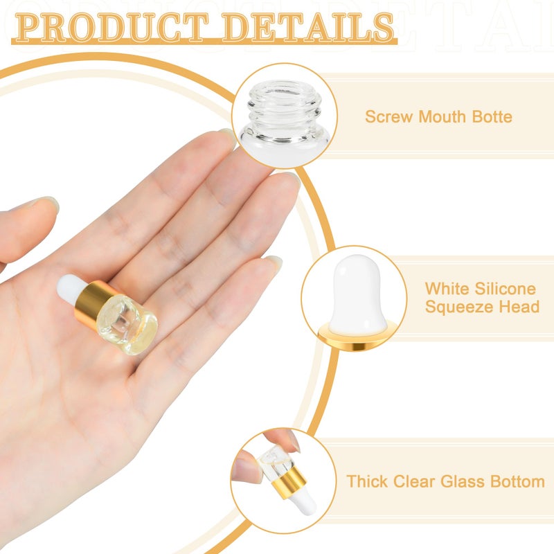 ETTSNU 10pcs Mini Glass Dropper Bottle for Essential Oil,1ml Small Clear Sample Dropper Vails with Gold Cap,Perfume Cosmetic Liquid Containers for Traveling - Image 3