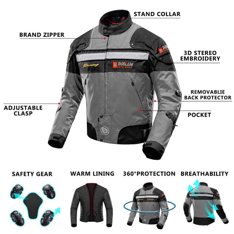 BORLENI Motorcycle Jacket Motorbike Riding Jacket Windproof Motorcycle Full Body Protective Gear CE Armor All Season Gray XL - Image 4