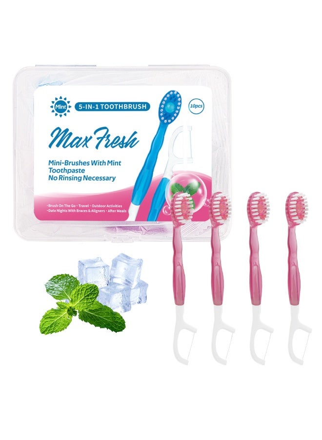 منت مجموعة فرشاة أسنان صغيرة 5 في 1 مع خيط تنظيف الأسنان ومكشطة اللسان وعود الأسنان، فرشاة أسنان صغيرة للاستخدام مرة واحدة مع حبيبات متفجرة، لا تحتاج إلى معجون أسنان، مريحة وسهلة الحمل، تنظف الفم وتنعش النفس، 10 قطع (بنكهة الخوخ) - Image 1