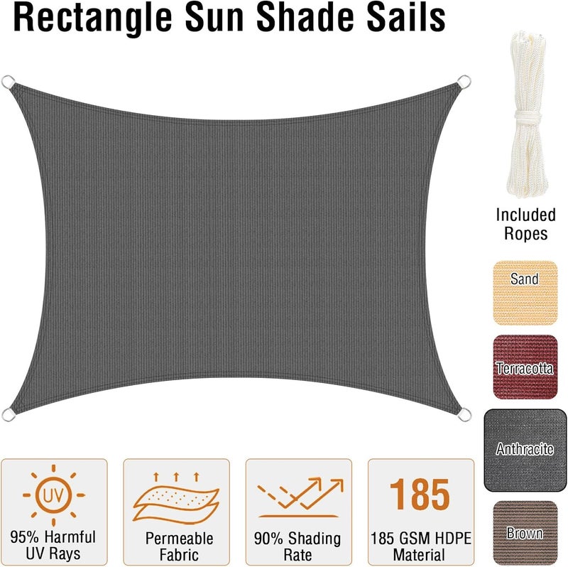 Duerer Sun Shade Sails Canopy 10' x 13' Rectangle, 95% UV Blockage, 185GSM Sail Shade Keep Cool for Patio, Garden, Pergola, Backyard, Outdoor Facility & Activities -Anthracite - Image 2