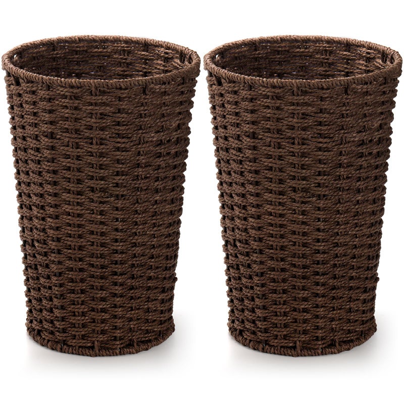 Bekith 2 Pack Small Wicker Waste Paper Basket Woven Basket Trash Can Wastebasket, Decorative Round Garbage Container Bin for Bedroom, Bathroom, Home Offices, Laundry, Brown - Image 1