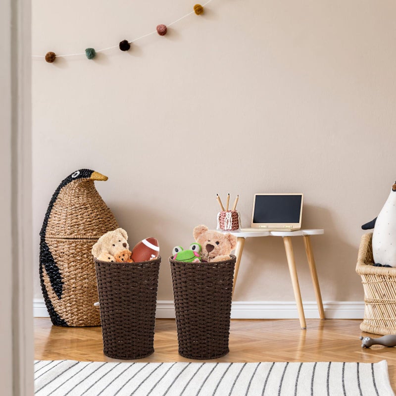 Bekith 2 Pack Small Wicker Waste Paper Basket Woven Basket Trash Can Wastebasket, Decorative Round Garbage Container Bin for Bedroom, Bathroom, Home Offices, Laundry, Brown - Image 4
