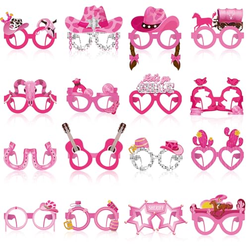Herdear 32 Pcs Pink Cowgirl Paper Glasses Western Cowgirl Photo Booth Props Lets Go Disco Bachelorette Party Decorations Girls Eyeglasses for Wild West Cowboy Girls Birthday Party Favor Supplies - Image 1