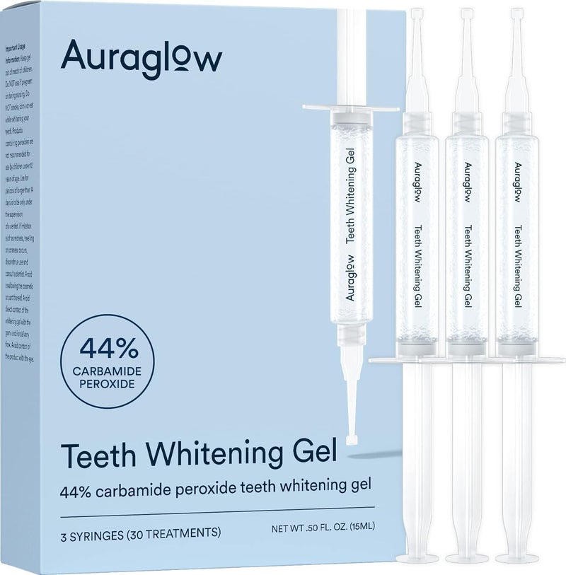 Auraglow 44% Teeth Whitening Gel Syringe Refill Pack, 44% Carbamide Peroxide, (3X) 5ml Syringes, 30 Whitening Treatments - Image 1