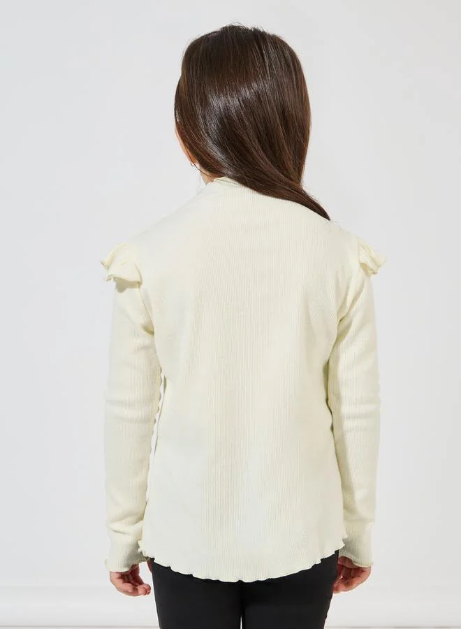 Styli Ribbed Knit Bow Printed Ruffle Trim Top