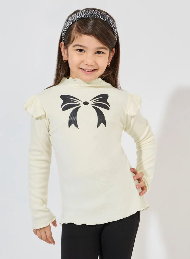 Styli Ribbed Knit Bow Printed Ruffle Trim Top
