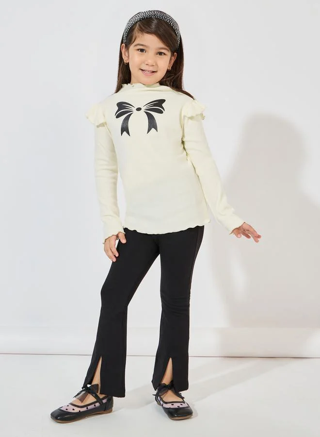 Styli Ribbed Knit Bow Printed Ruffle Trim Top