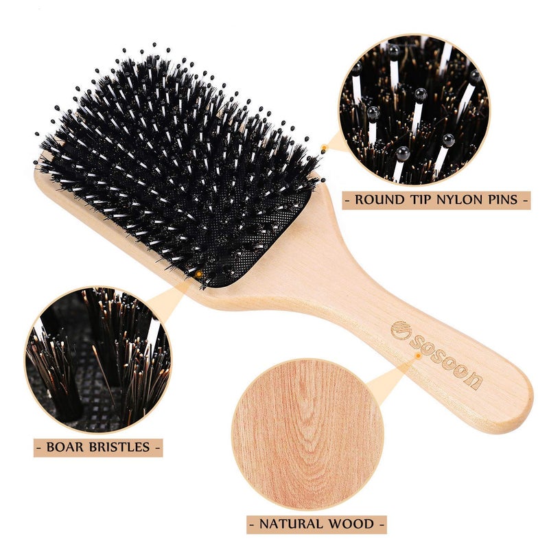 Sosoon Hair Brush, 2 Pack Boar Bristle Paddle Hairbrush for Women Men Kids Reducing Frizzy, No More Tangle, Small Travel Brush Tail Comb & Giftbox Included - Image 2