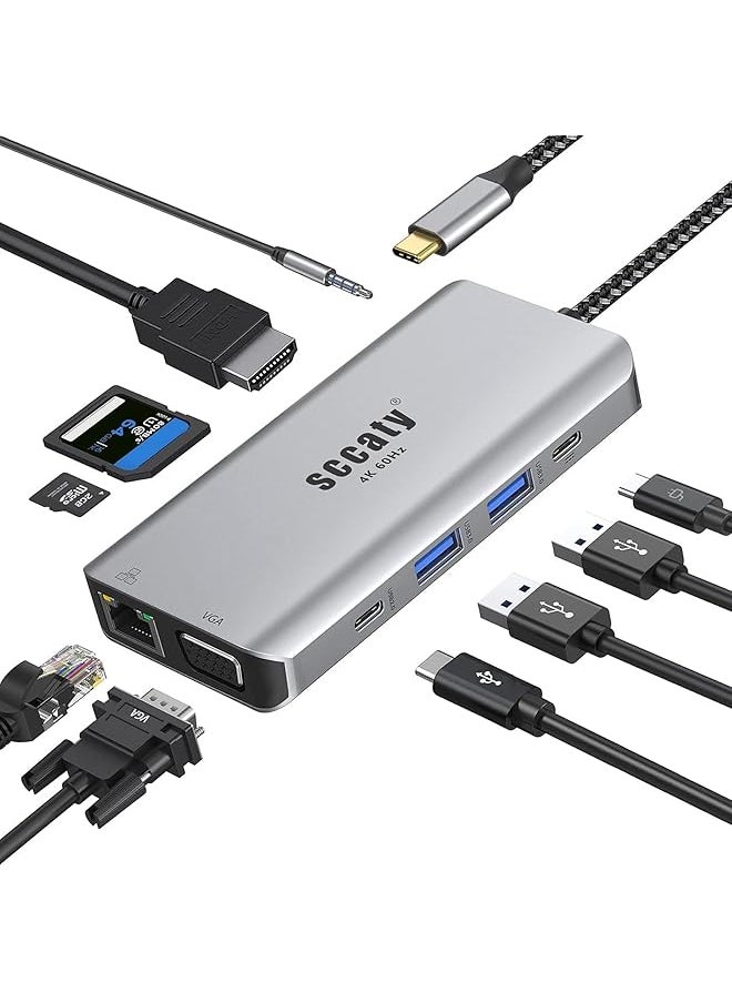 erorex Usb C Hub 10 In1 With 4K 60Hz Hdmi Port 1000Mbps Ethernet Port 100W Pd Charging Vga Port 3.5Mm Audio Port Sd 3.0 And Tf 3.0 Card Reader Usb C Hub 2*Usb 3.0 Port For Usb C Laptop And Type C Device  - Image 1