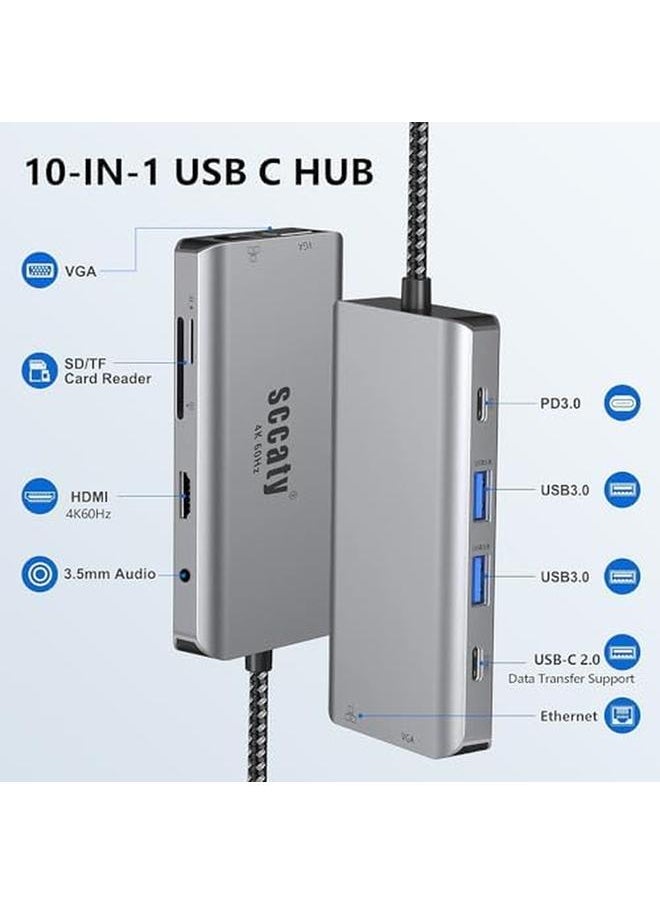 erorex Usb C Hub 10 In1 With 4K 60Hz Hdmi Port 1000Mbps Ethernet Port 100W Pd Charging Vga Port 3.5Mm Audio Port Sd 3.0 And Tf 3.0 Card Reader Usb C Hub 2*Usb 3.0 Port For Usb C Laptop And Type C Device  - Image 2