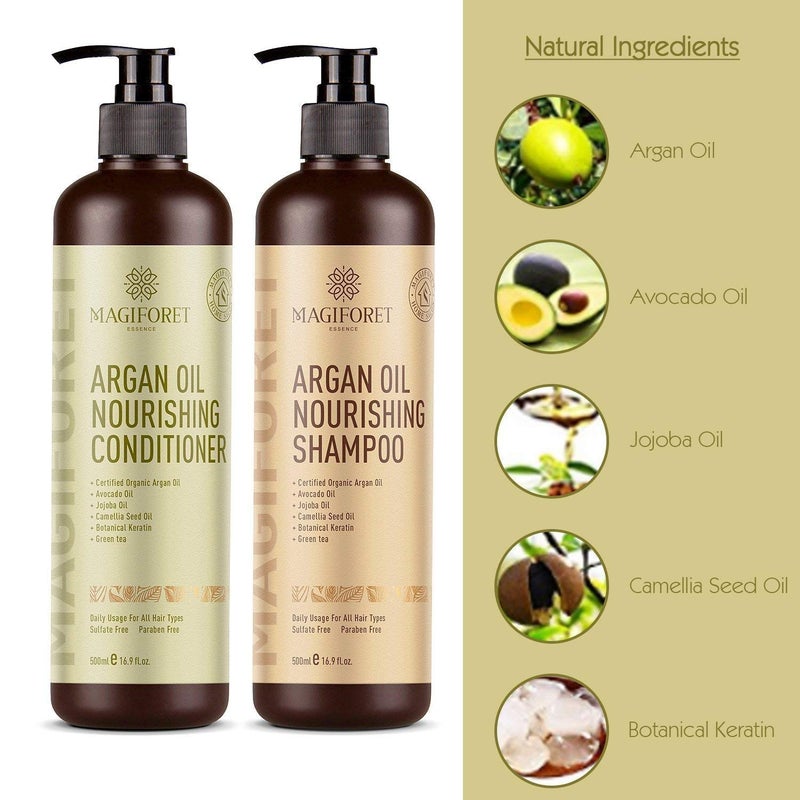 MagiForet Argan Oil Shampoo and Conditioner Set (2 x 16.9 Oz) - MagiForet Organic Shampoo & Conditioner Sulfate Free - Volumizing & Moisturizing, Gentle on Curly & Color Treated Hair,For Men & Women (cd set) - Image 4