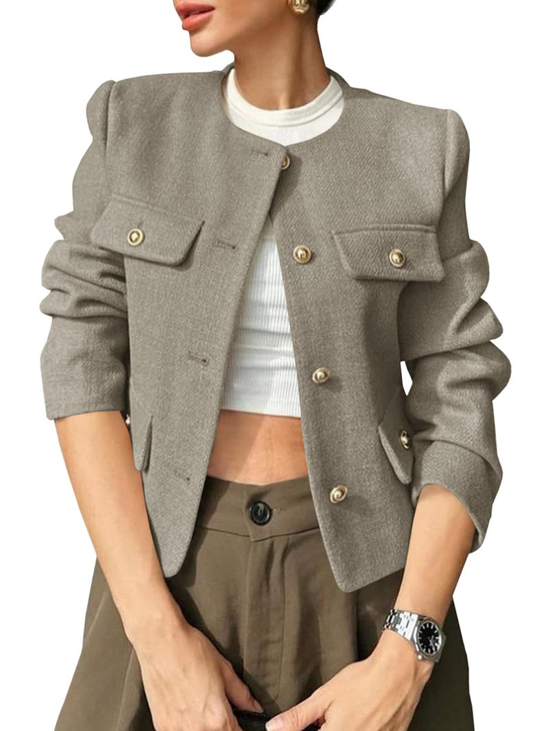 Cicy Bell Womens Cropped Tweed Blazers Jacket Collarless Button Down Business Casual Winter Coats 2026 Spring Outfits Grey - Image 1
