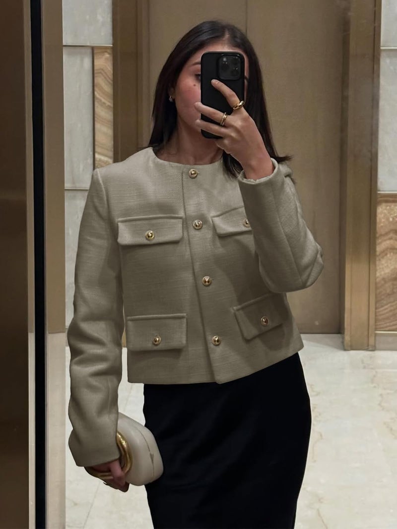 Cicy Bell Womens Cropped Tweed Blazers Jacket Collarless Button Down Business Casual Winter Coats 2026 Spring Outfits Grey - Image 5