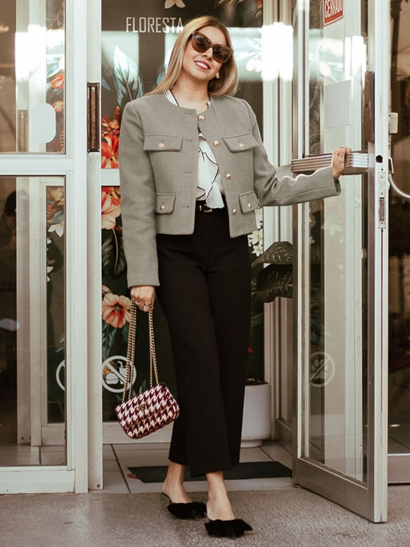 Cicy Bell Womens Cropped Tweed Blazers Jacket Collarless Button Down Business Casual Winter Coats 2026 Spring Outfits Grey - Image 3