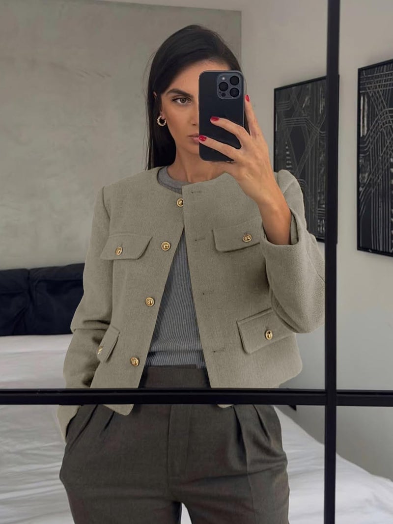 Cicy Bell Womens Cropped Tweed Blazers Jacket Collarless Button Down Business Casual Winter Coats 2026 Spring Outfits Grey - Image 2