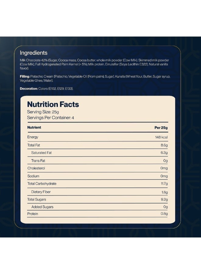 DUBELLO Dubai Chocolate 100g – Premium Milk Chocolate with Pistachio Cream & Crispy Kunafa – No Added Sugar – Luxury Middle Eastern Style Chocolate Bar – Gourmet Gift - Image 4
