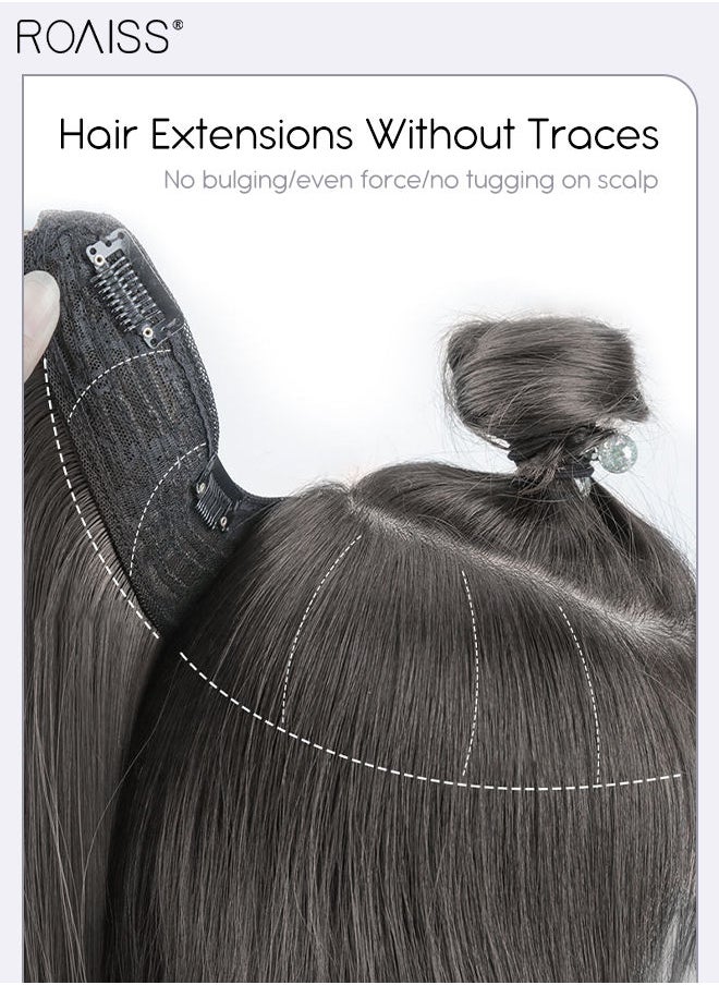 roaiss V-Shaped Brown Black Hair Extensions, One Piece Slightly Curly Straight Hair Extension with 5 Clips, Heat Resistant Synthetic Hairpiece for Women Girls, 60cm  - Image 2