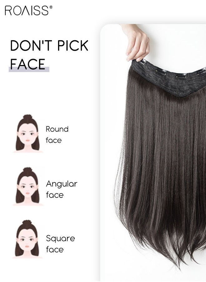 roaiss V-Shaped Brown Black Hair Extensions, One Piece Slightly Curly Straight Hair Extension with 5 Clips, Heat Resistant Synthetic Hairpiece for Women Girls, 60cm  - Image 4