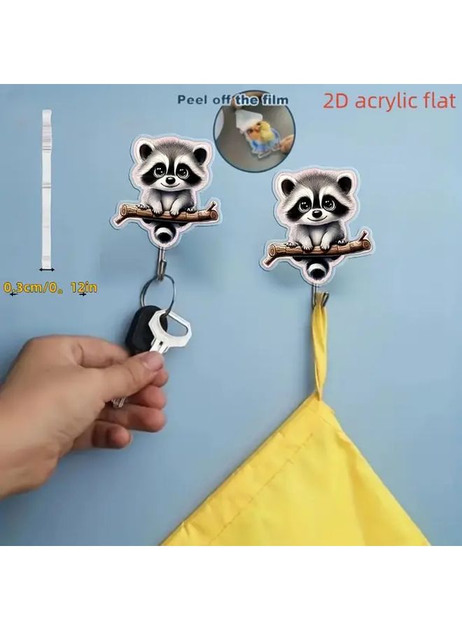 Charming Raccoon Wall Hook 2pcs Adhesive Acrylic Keychain Hooks Cartoon Decor - Image 3