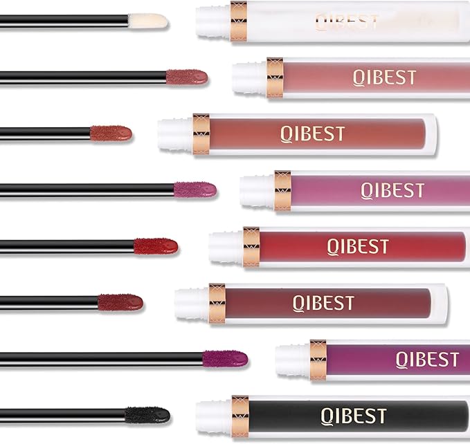 QiBest مجموعة أحمر شفاه سائل مخملي مات من QiBest مكونة من 12 قطعة للنساء والمراهقات هدية مقاومة للماء تدوم 24 ساعة بألوان نود، بورغندي، أحمر، بني، مجموعة صبغة شفاه غير لاصقة مع لمسة لامعة، مجموعة عطلة