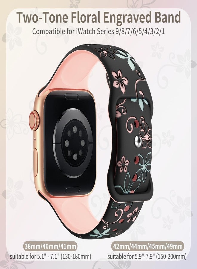 SuperNaNa Floral Engraved Bands Compatible with Apple Watch Band 41mm 40mm 44mm 45mm 42mm 38mm 46mm 49mm for Women,Cute Flower iWatch Bands Soft Silicone Sport Strap for iWatch Series SE 10 9 8 7 6 5 4 3 2 1 - Image 2