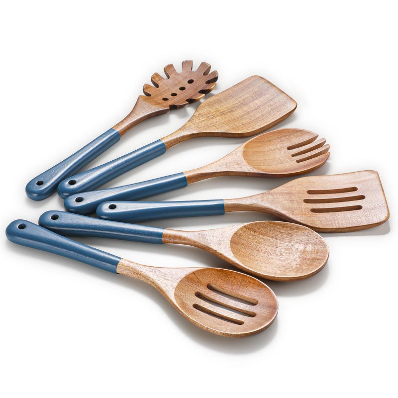 ROSOS Wooden Spoons For Cooking, 6 PCS Natural Acacia Wooden Cooking Utensils, Non-Stick Wood Kitchen Utensil Set for Kitchen Essentials, Smooth Grip Wood Cooking Spoons with Hanging Hole, Blue - Image 1