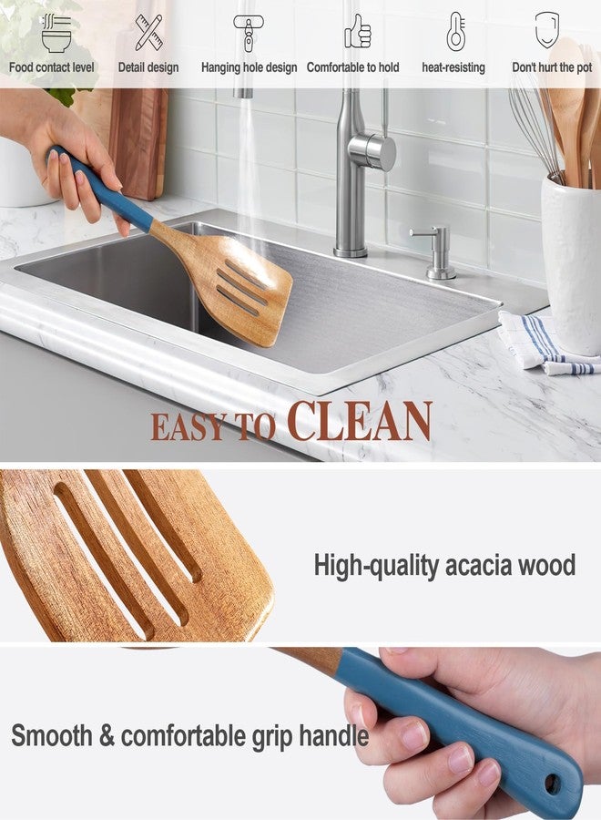 ROSOS Wooden Spoons For Cooking, 6 PCS Natural Acacia Wooden Cooking Utensils, Non-Stick Wood Kitchen Utensil Set for Kitchen Essentials, Smooth Grip Wood Cooking Spoons with Hanging Hole, Blue - Image 4