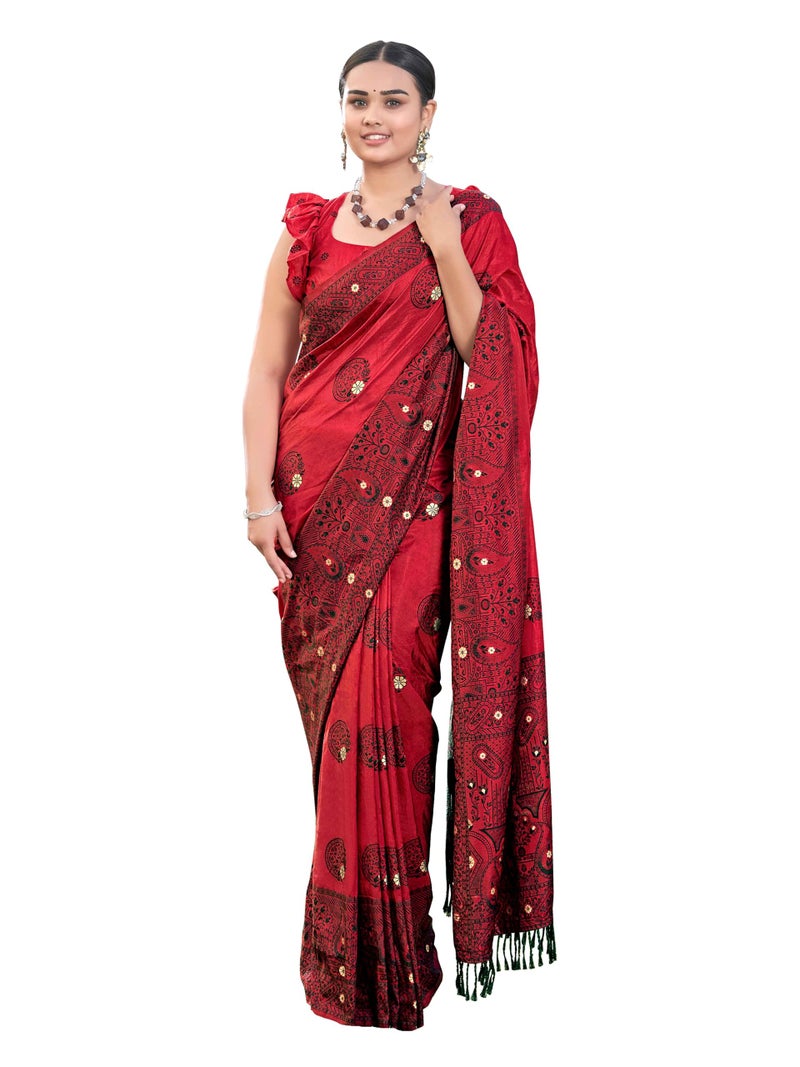MANOHARI Women's Most Trendy Banarasi Woven Red Saree With Heavy Jacquard Work Saree With Blouse Piece - Image 1
