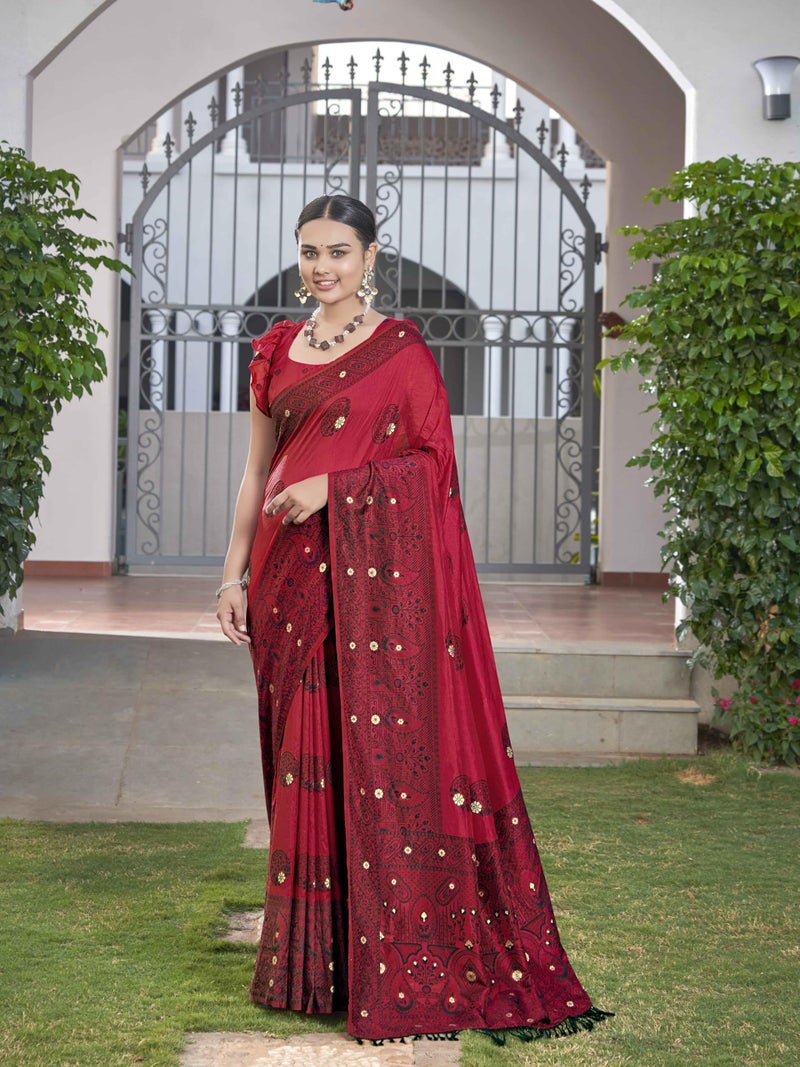 MANOHARI Women's Most Trendy Banarasi Woven Red Saree With Heavy Jacquard Work Saree With Blouse Piece - Image 2