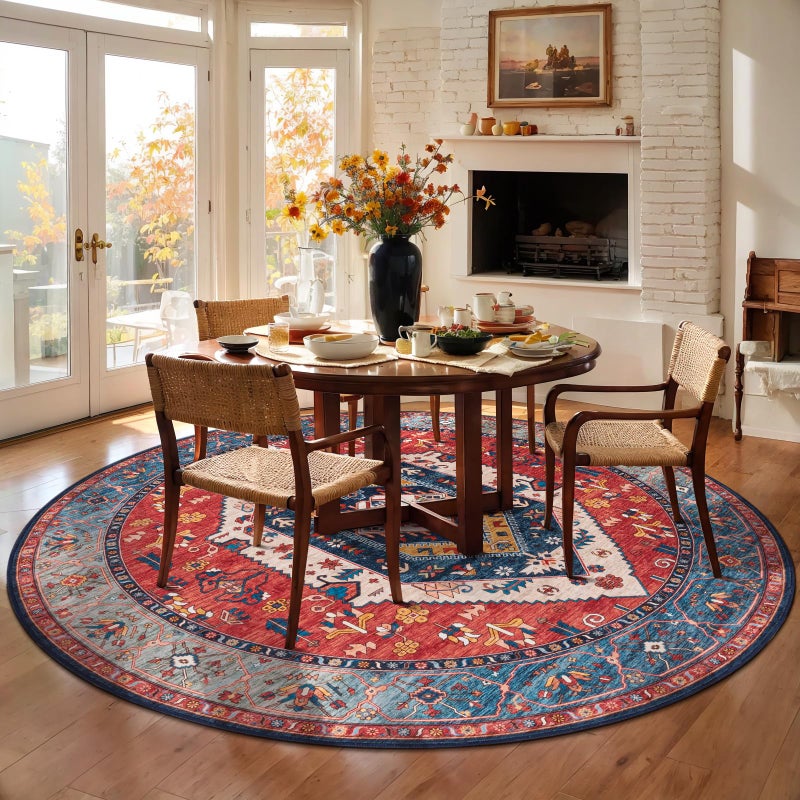 SERISSA Boho Round Area Rug, 6ft Washable Non-Slip Circle Rug, Ultra Soft Oriental Vintage Rust Low-Pile Circular Carpet for Bedroom Entryway Kids Room Office College Dorm Living Room - Image 2