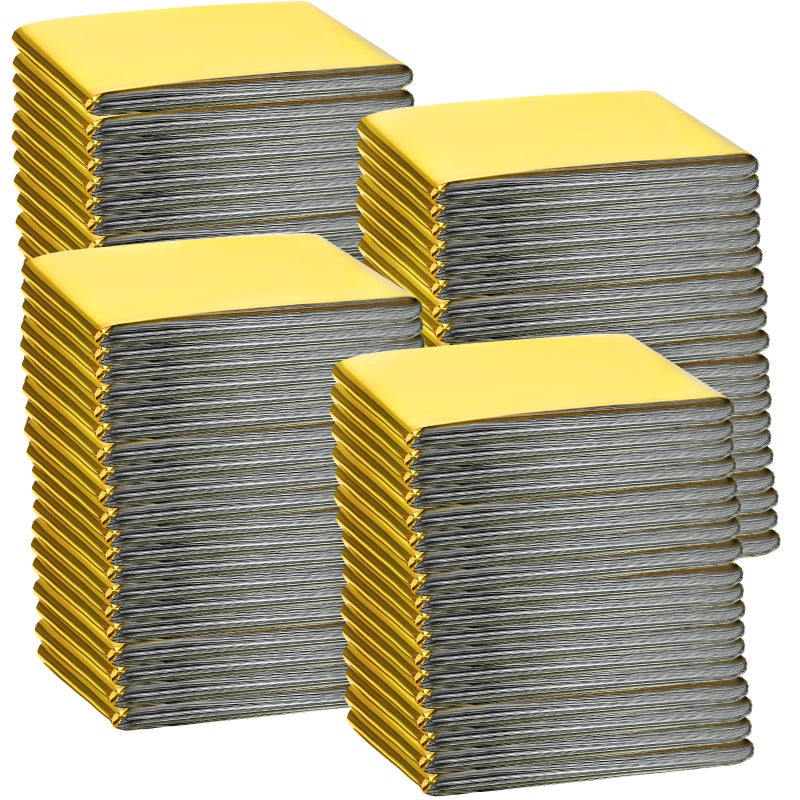 Macarrie 100 Pack Emergency Thermal Blankets Silver Foil Survival Blanket Space Blanket Survival Kit for Outdoors Camping Hiking Homeless Survival or First Aid Gold