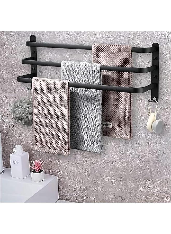 MIXDE Towel Rail, Self-Adhesive Towel Holder with Anti Rust Aluminium, 3 Tier Double Rod Towel Shelf Bar with 2 Hooks, No Drilling Towel Storage Wall Mounted 60CM for Bathroom Kitchen Shower (B2) - Image 1