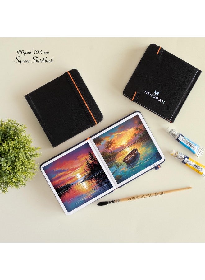 MENORAH مينوراه - دفتر رسم للفنانين - مربع - 180 جرام - الحجم (10.5 × 10.5 سم) عبوة من 2 - دفتر رسم صغير للسفر - 100 صفحة/50 ورقة - غلاف صلب - دفتر رسم مصنوع يدويًا - (أسود) ألوان مائية؛ معجون زيت، ورق - Image 3