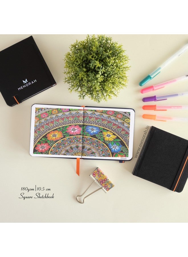 MENORAH مينوراه - دفتر رسم للفنانين - مربع - 180 جرام - الحجم (10.5 × 10.5 سم) عبوة من 2 - دفتر رسم صغير للسفر - 100 صفحة/50 ورقة - غلاف صلب - دفتر رسم مصنوع يدويًا - (أسود) ألوان مائية؛ معجون زيت، ورق - Image 4