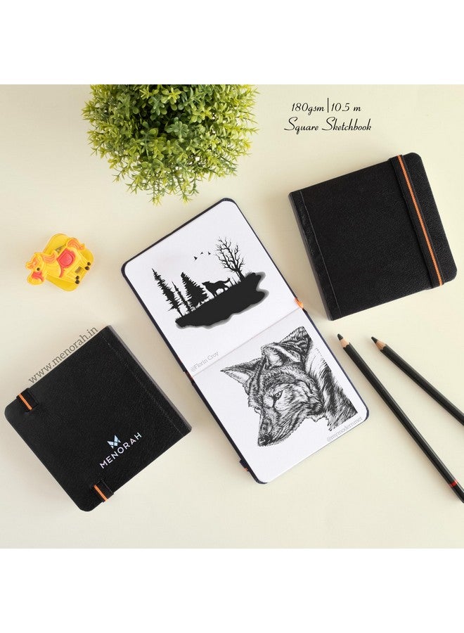 MENORAH مينوراه - دفتر رسم للفنانين - مربع - 180 جرام - الحجم (10.5 × 10.5 سم) عبوة من 2 - دفتر رسم صغير للسفر - 100 صفحة/50 ورقة - غلاف صلب - دفتر رسم مصنوع يدويًا - (أسود) ألوان مائية؛ معجون زيت، ورق - Image 5