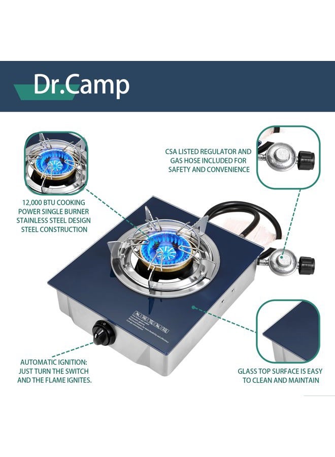 Dr.Camp Propane Gas Stove 12000 BTU Single Burner Glass Top Outdoor Camping Stove with CSA Listed Regulator and Gas Hose - Image 2