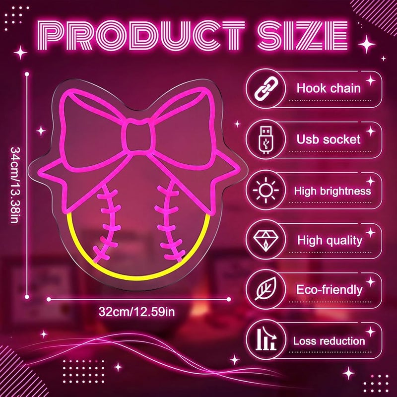 Woanger Softball Bow Neon Sign for Women Pink Bow Softball Neon Light Sign USB Powered Dimmable LED Wall Light for Teen Girls Room Home Party Bar Decoration - Image 2