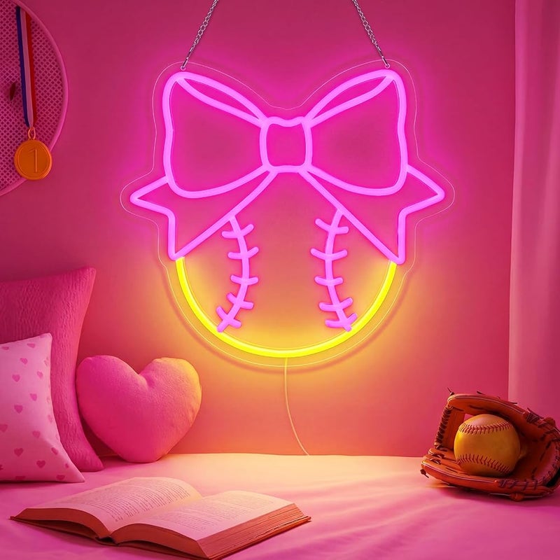Woanger Softball Bow Neon Sign for Women Pink Bow Softball Neon Light Sign USB Powered Dimmable LED Wall Light for Teen Girls Room Home Party Bar Decoration - Image 1
