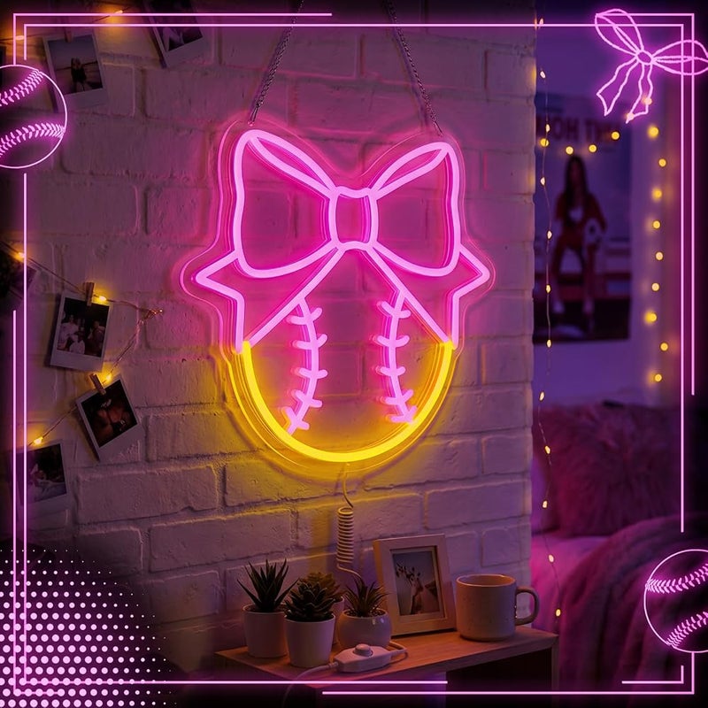 Woanger Softball Bow Neon Sign for Women Pink Bow Softball Neon Light Sign USB Powered Dimmable LED Wall Light for Teen Girls Room Home Party Bar Decoration - Image 4
