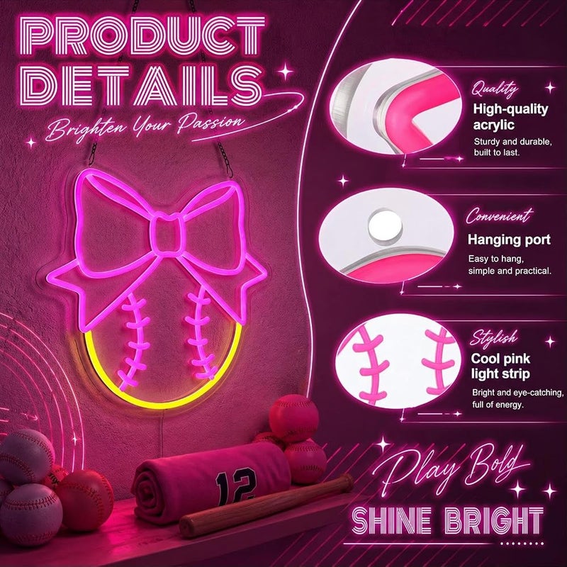 Woanger Softball Bow Neon Sign for Women Pink Bow Softball Neon Light Sign USB Powered Dimmable LED Wall Light for Teen Girls Room Home Party Bar Decoration - Image 3