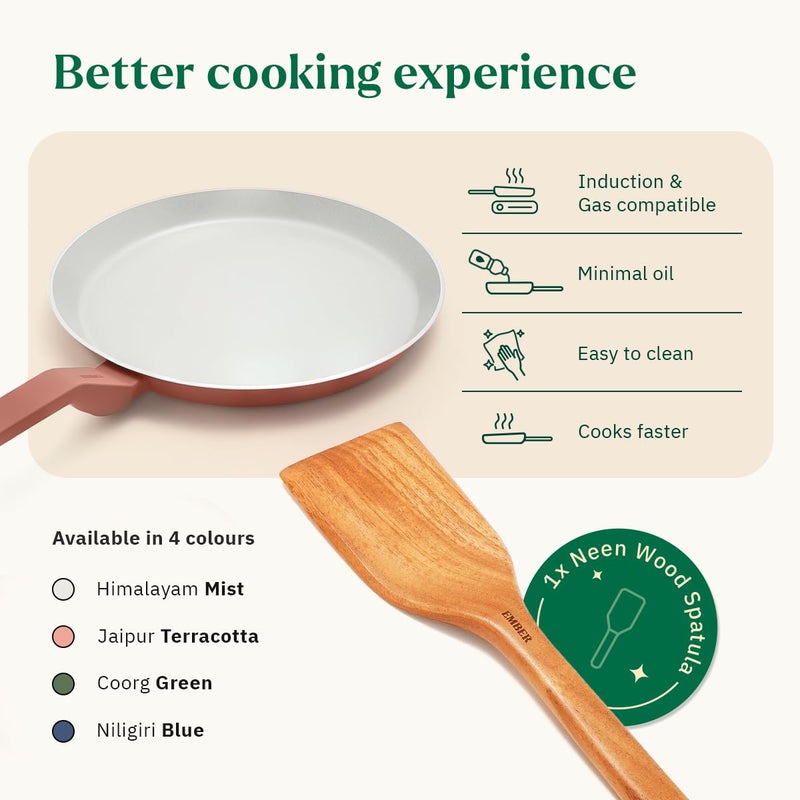 Ember Cookware أمبر أدوات الطهي أركيلا سيراميك غير لاصق طاسة دوسا 28 سم | مقبض متطابق | 1x ملعقة مسطحة | آمنة للاستخدام مع الحث | طاسة غير سامة | خالية من PFAS و PTFE | سلسلة فلورنس | تيراكوتا - Image 3