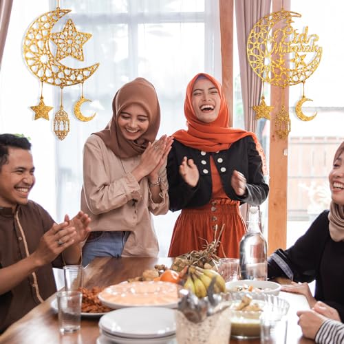 Hinsly 2 Pieces Eid Mubarak Door Sign Wooden Hanging Signs, Ramadan Kareem Hollow Ornament Decorations Moon and Stars, Moon Shape Ramadan Mubarak Party Wood Wall Hanger for Islamic Muslim Home Decor - Image 4