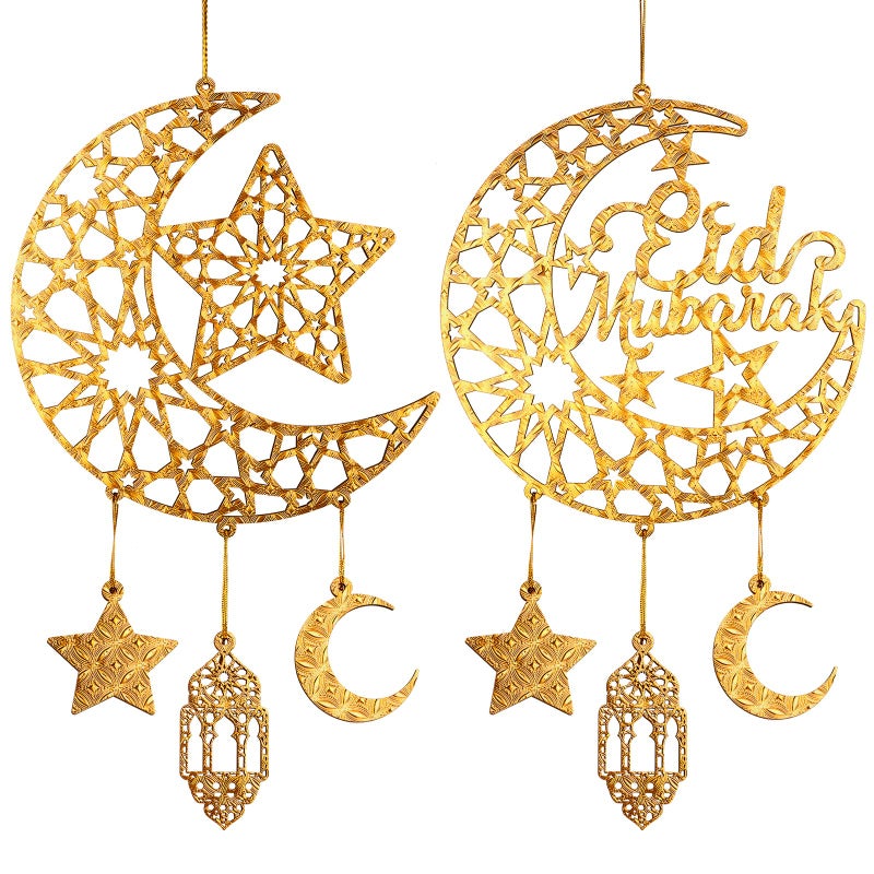 Hinsly 2 Pieces Eid Mubarak Door Sign Wooden Hanging Signs, Ramadan Kareem Hollow Ornament Decorations Moon and Stars, Moon Shape Ramadan Mubarak Party Wood Wall Hanger for Islamic Muslim Home Decor - Image 2