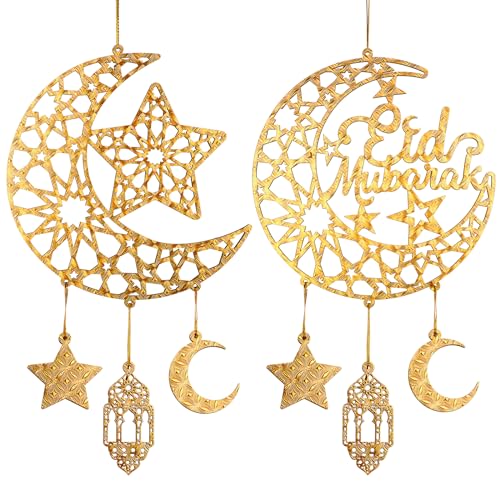 Hinsly 2 Pieces Eid Mubarak Door Sign Wooden Hanging Signs, Ramadan Kareem Hollow Ornament Decorations Moon and Stars, Moon Shape Ramadan Mubarak Party Wood Wall Hanger for Islamic Muslim Home Decor - Image 1