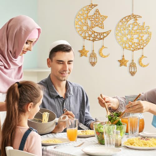 Hinsly 2 Pieces Eid Mubarak Door Sign Wooden Hanging Signs, Ramadan Kareem Hollow Ornament Decorations Moon and Stars, Moon Shape Ramadan Mubarak Party Wood Wall Hanger for Islamic Muslim Home Decor - Image 3