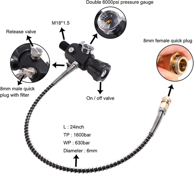 TUXING 4500PSI HPA Regulator Paintball Filling Station Pcp Air Gun Charging Valve Dual Gauge Up to 4500psi with 24" Inch High Pressure Hose - Image 2