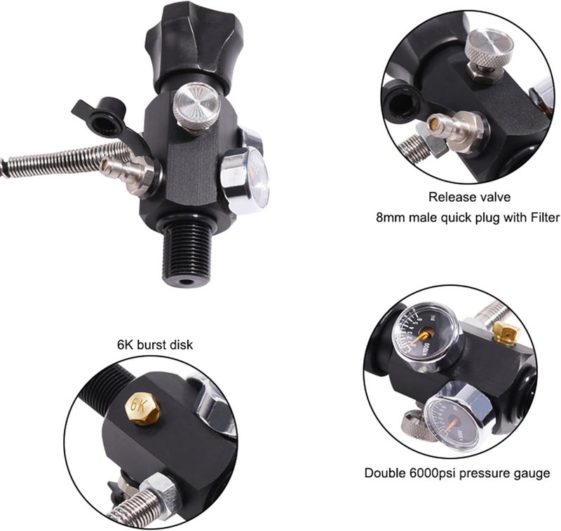 TUXING 4500PSI HPA Regulator Paintball Filling Station Pcp Air Gun Charging Valve Dual Gauge Up to 4500psi with 24" Inch High Pressure Hose - Image 5