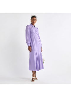 FAV Solid A-line Shirt Dress with Long Sleeves  - Image 2